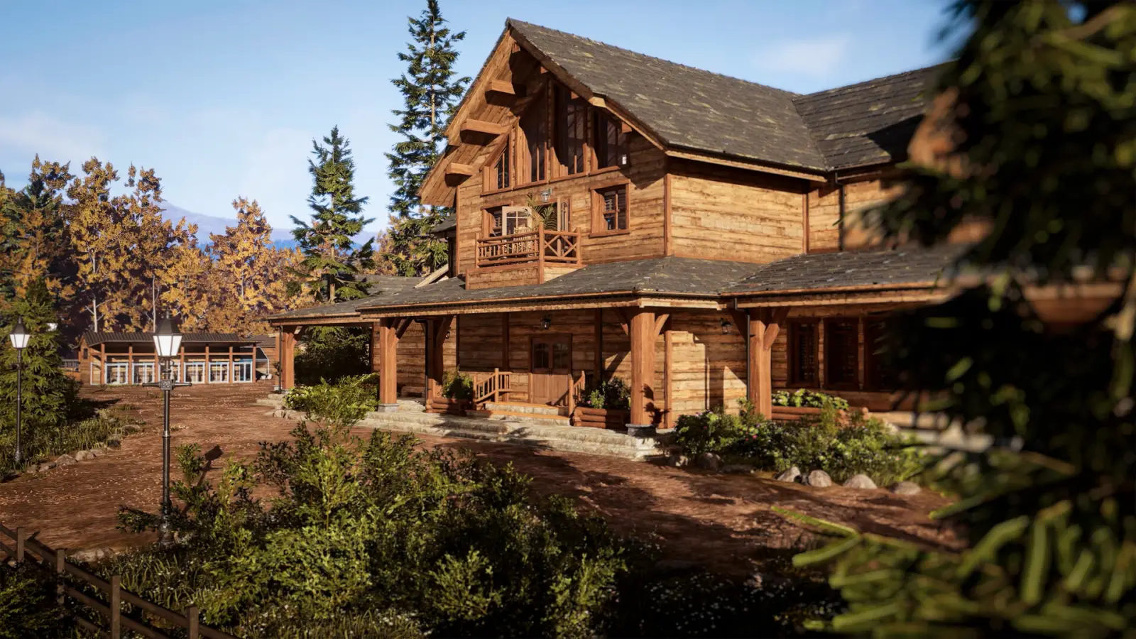 Steam screenshot of a timber hunting lodge among fall trees. © Nacon