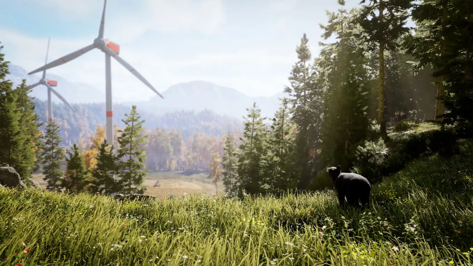 Steam screenshot of a black bear in a meadow with wind turbines beyond the trees. © Nacon