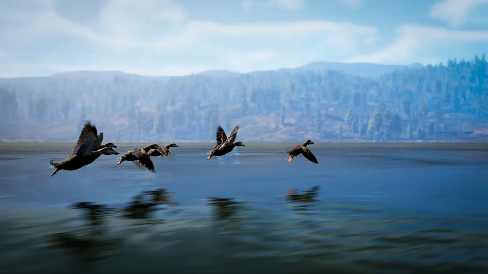 Steam screenshot of waterfowl flying low over a mountain lake. © Nacon