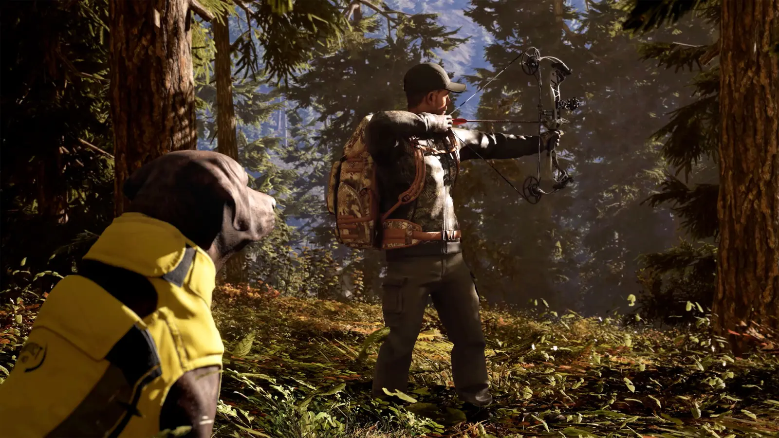 Steam screenshot of a hunter drawing a bow beside a dog in a yellow vest. © Nacon