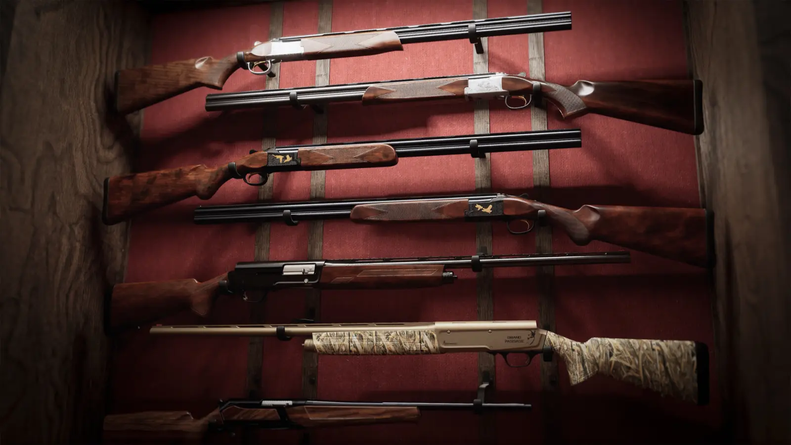 Steam screenshot of shotguns displayed on a red gun rack. © Nacon
