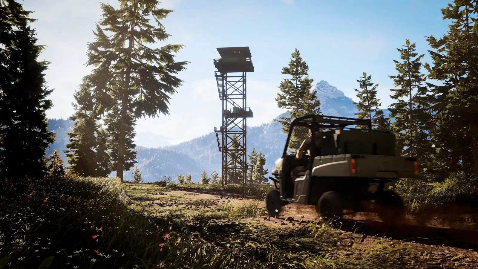 Steam screenshot of a utility vehicle passing a tall hunting stand. © Nacon